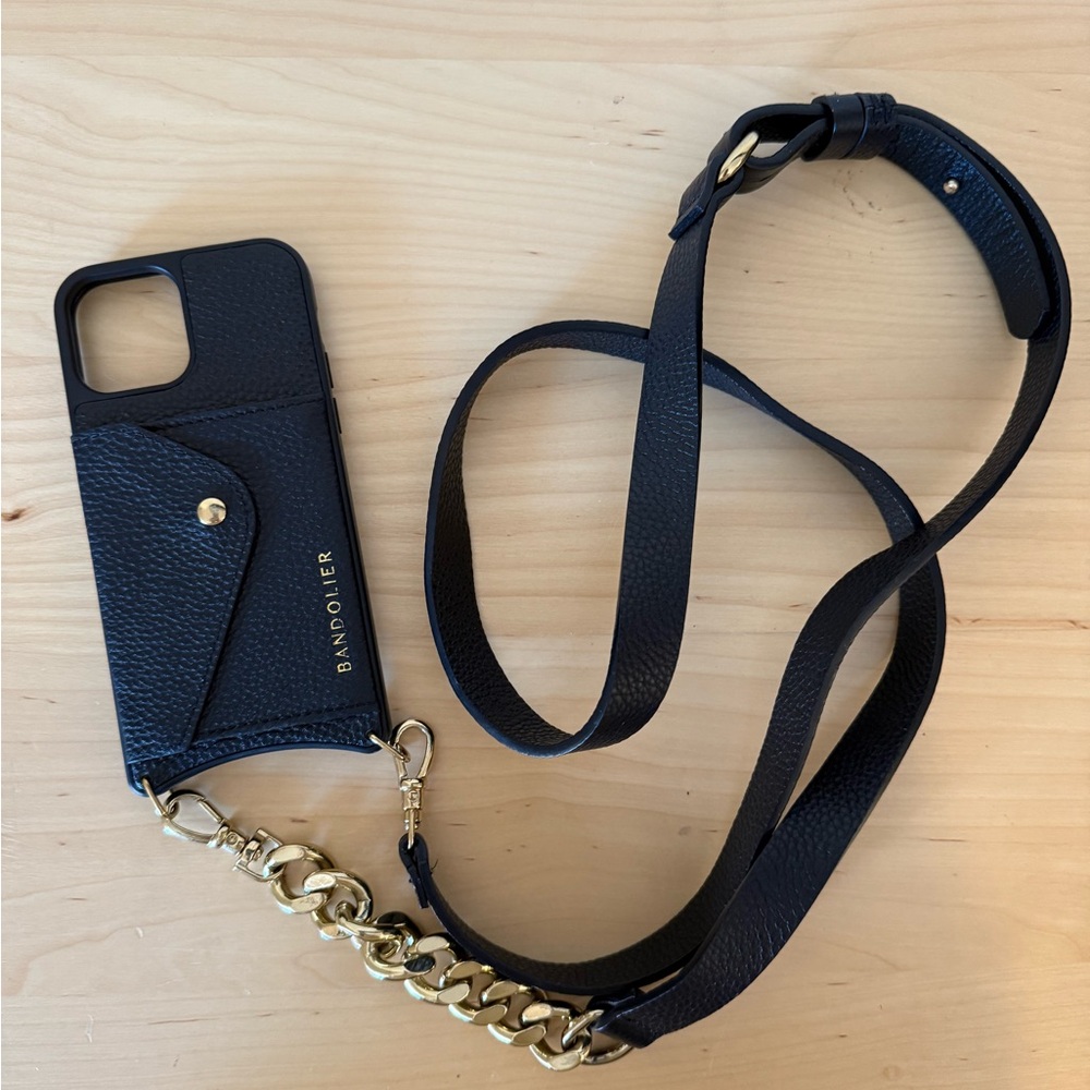 Bandolier Navy Leather Phone Case with Gold Chain Strap